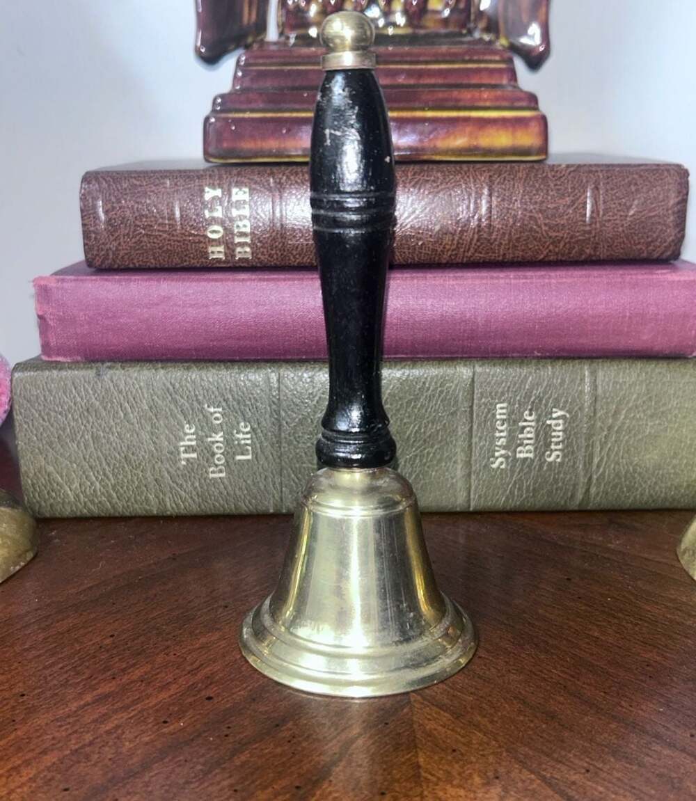 Vintage Brass Hand Bell Black Wooden Handle 6.5" School Dinner Chime